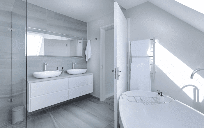 Contemporary Bathroom Interior With A White Bathtub

